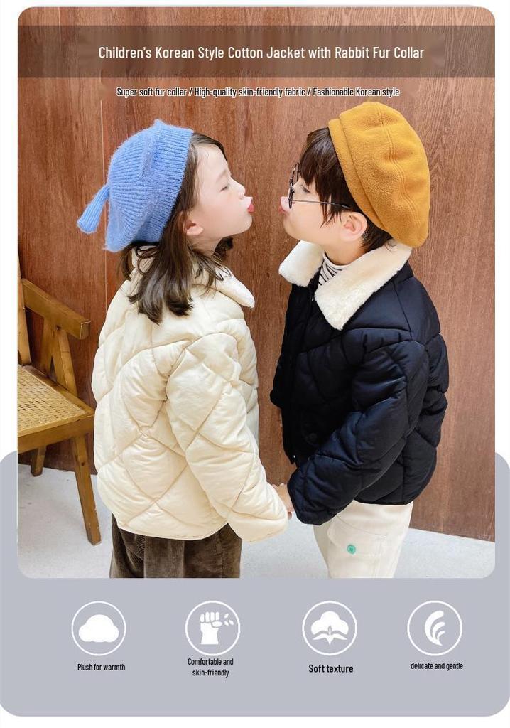 Unisex Kids' Fur Collar Cotton Padded Jacket - Warm Korean Style Outerwear for Toddlers