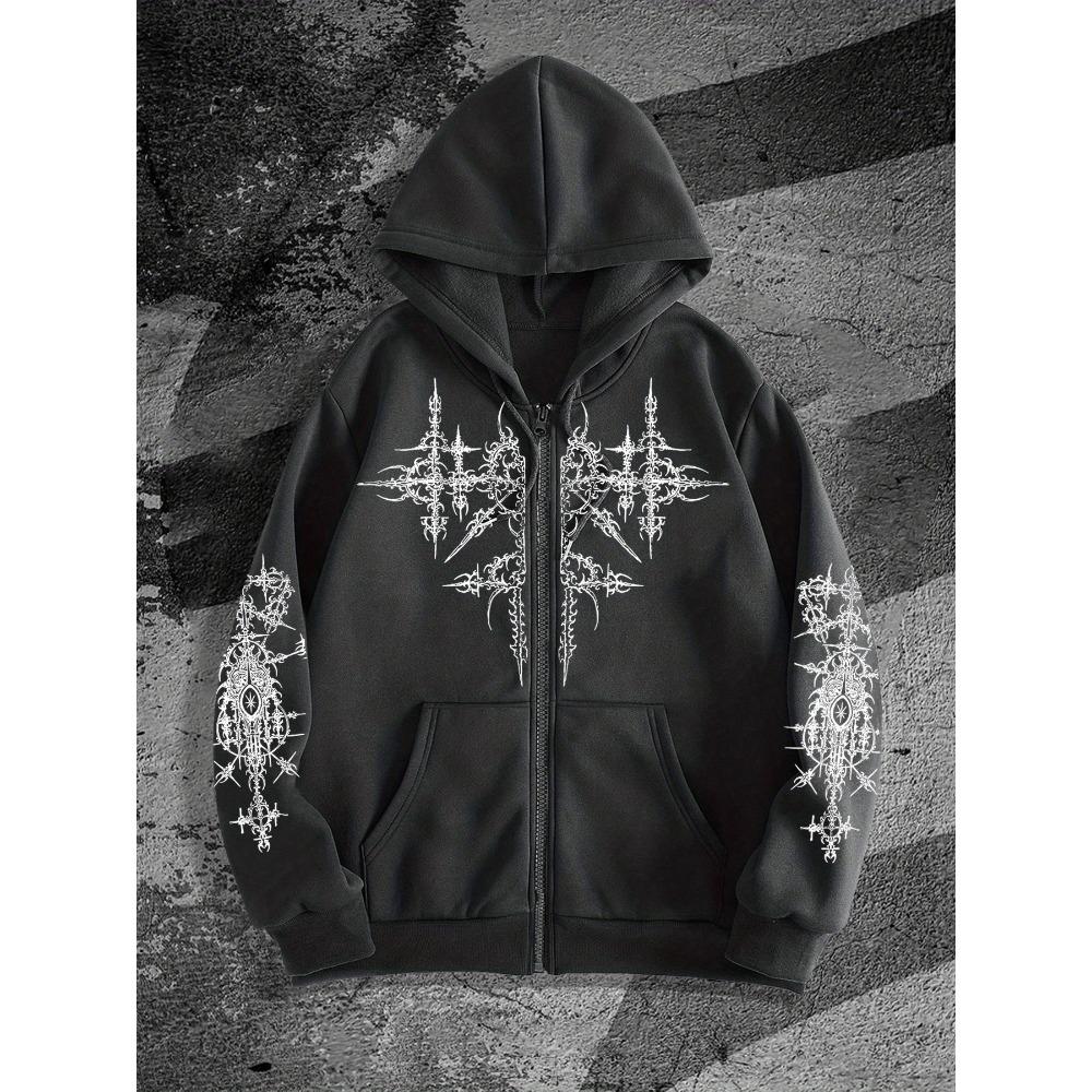 Herren Gothic Bedruckter Kapuzen-Trenchcoat Jacke, Lässiges Reißverschluss-Kapuzensweatshirt mit geometrischem Muster