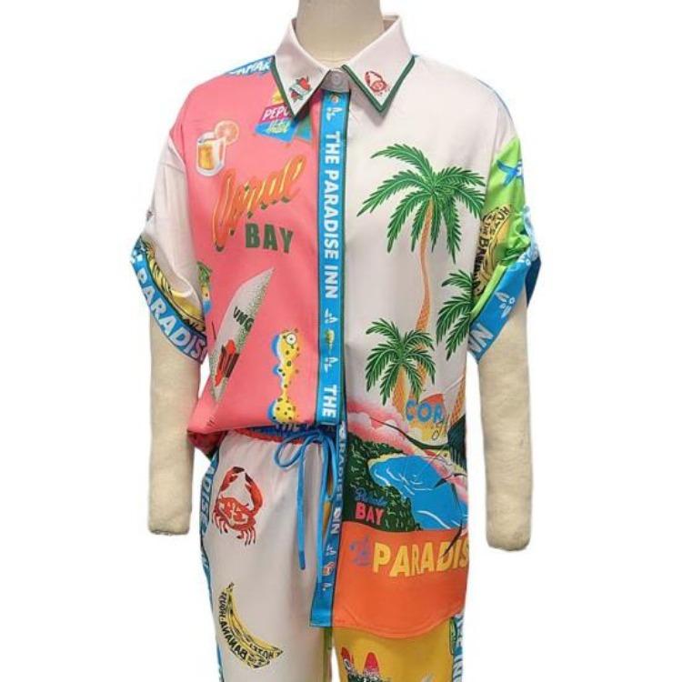 Hawaii Vacation Set Women Short Sleeve Lapel Top Colorful Print Shirt Pants Outfit 2 Pcs
