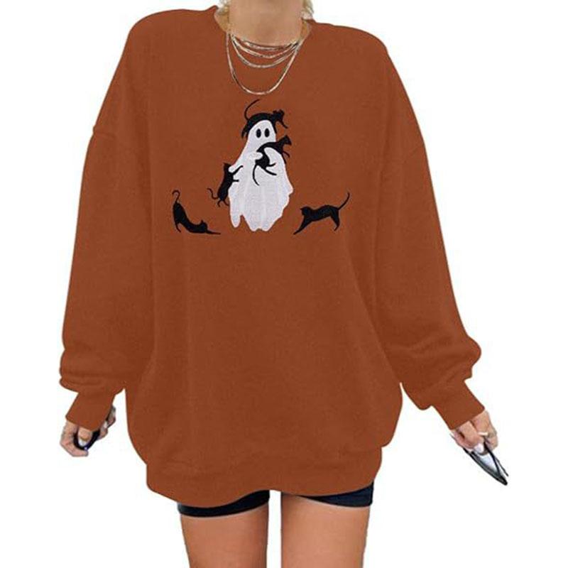 Hallowmas Ghost Print Long Sleeve Sweatshirt Women Crew Neck Oversized Pullover Top