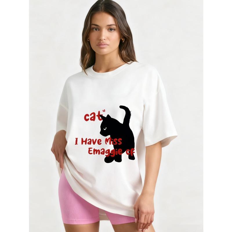 

Футболка оверсайз с графическим принтом черного кота, дизайн с надписью I Have Miss Emaggie CF, повседневный уличный стиль, модный топ, женский летний наряд XXXXL белый