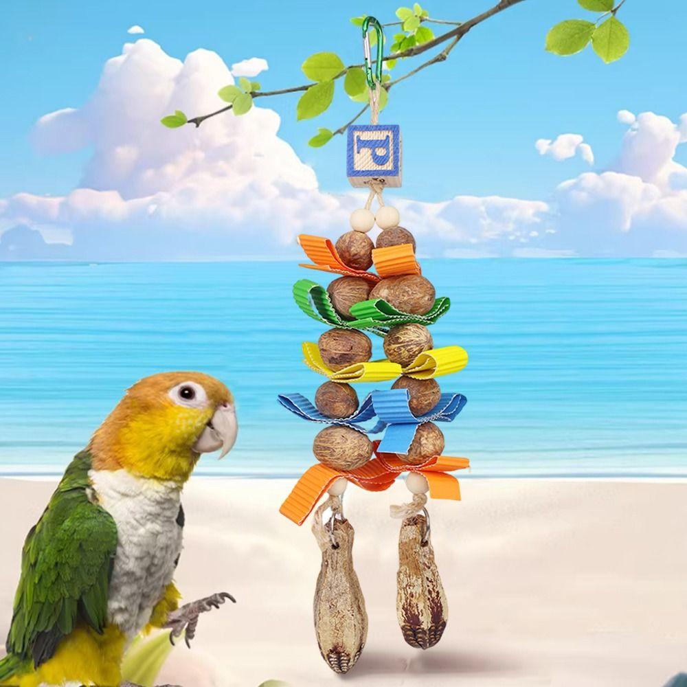 Durable Straw Hat Bird Toy Ball Fruit Shape Birdcage Decoration Boredom Relieving Colorful Parrot Toys Pet Bird