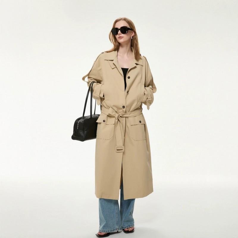 2026 Womens Trench Coat Long Sleeve Cotton Blend Belted Waist Loose Fit Fashion Outerwear Daily Wear