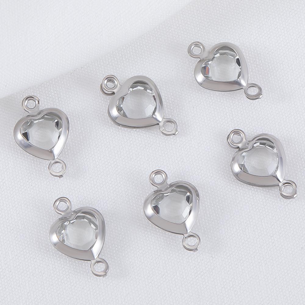 10pcs 7.5mm Stainless Steel Double Hole Heart Pendant Colorful Crystal Charms Connector for DIY Necklace Bracelet Jewelry Making