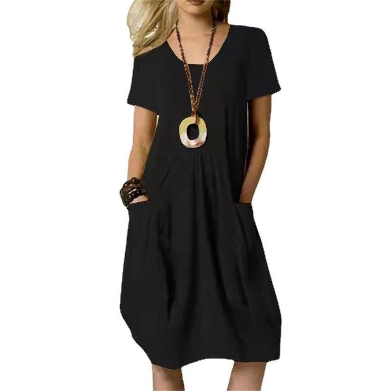 Solid Color Short Sleeve Pocket Dress Pure Color Short Sleeve Pocket Dress