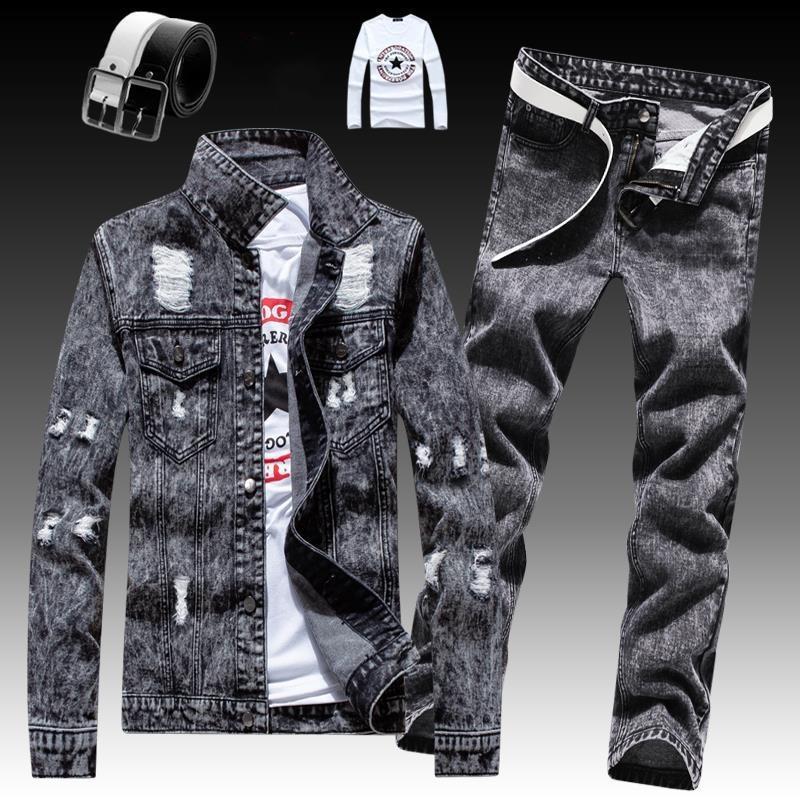 Men's Slim Fit Denim Jacket Pants 2pcs Set Long Sleeve Coats Letters Printed Casual Large Size Black White Red Boys Trousers