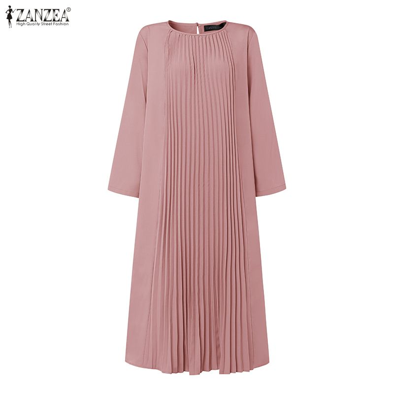 ZANZEA Women Casual Round Collar 3/4 Sleeve Pleated Long Dress