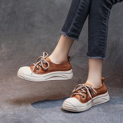 The First Layer of Cowhide Small Board Shoes for Women's Spring and Autumn New Leather Retro Flat-soled Thick-soled Single Shoes for Women's Bag Head