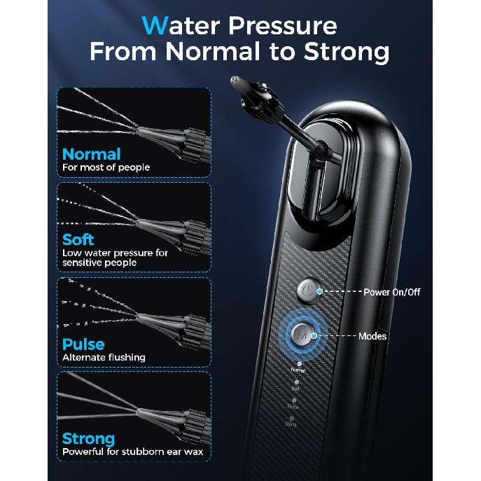 Ohrreiniger für Erwachsene – Elektrischer Ohrreiniger mit 4 Druckmodi & 10 wiederverwendbaren Aufsätzen, Sichere & wasserfeste Ohrspülung, USB-aufladbar