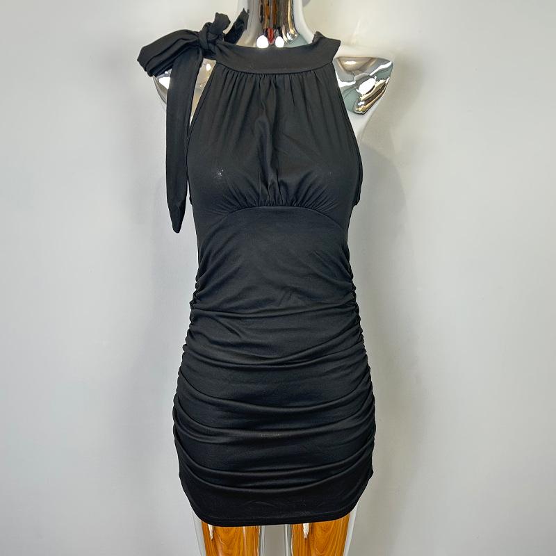 Korean Dongdaemun Style Halter Neck Sleeveless Pleated Bodycon Dress One Size темно-серого