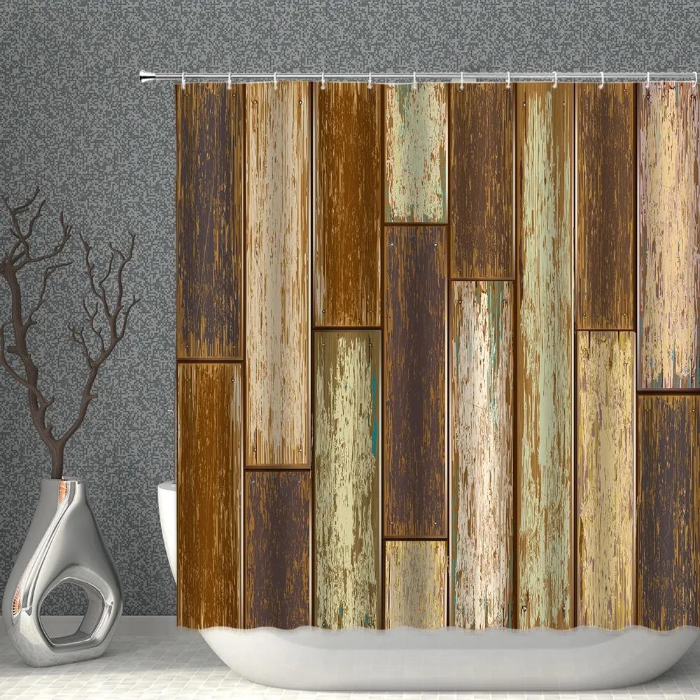 Wood Pattern Shower Curtain Cartoon Waterproof Polyester Fabric Bathroom With Hooks Machine Washable DIY Home Decor