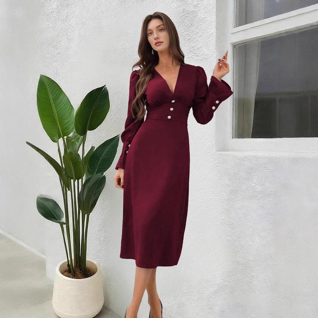 Women's Brown V-Neck Long Sleeve Dress with Ruffled Collar and Cuffs