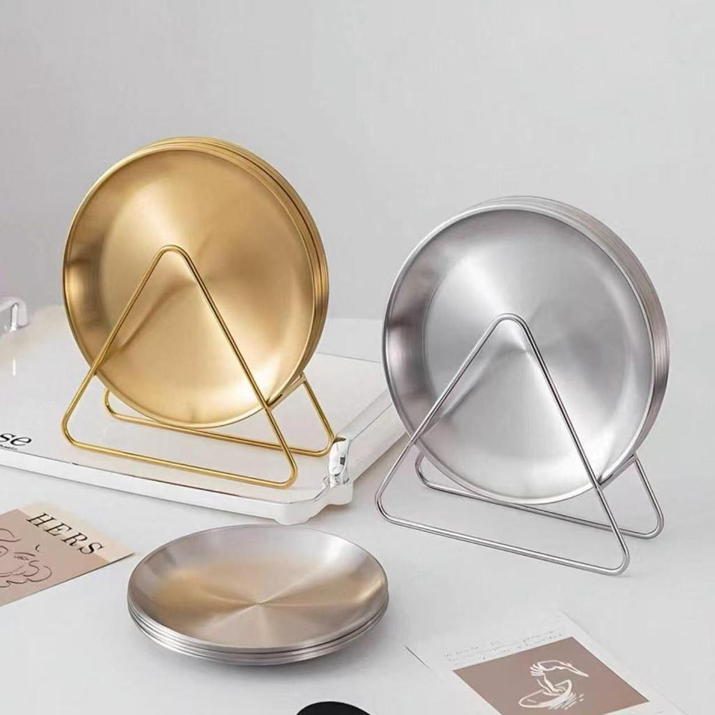 Stainless Steel Shallow Dish with Storage Rack - Elegant Round Fruit and Snack Dish for Home