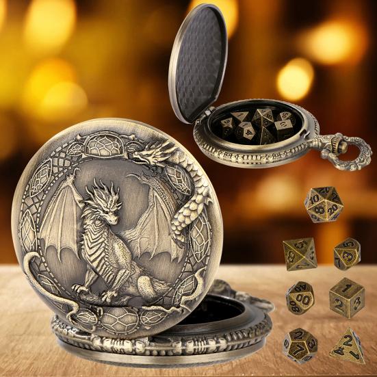 Metal Dice Set with Dragon Pocket Watch Case 7 Dices Portable Vintage Multi-side Game Dice Family Night Party Board Game