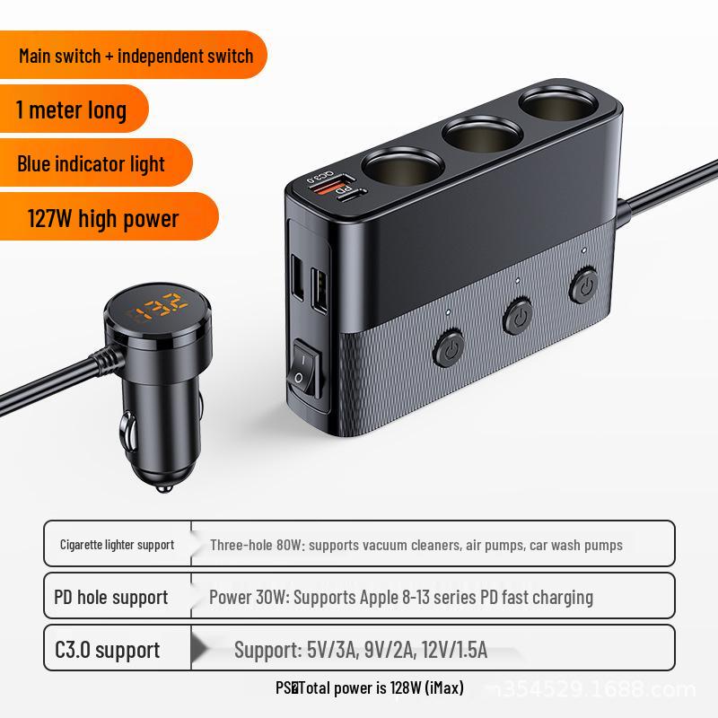 127W Multifunction Car Charger: 1-to-3 Cigarette Lighter with PD30W QC3.0 Fast Charging