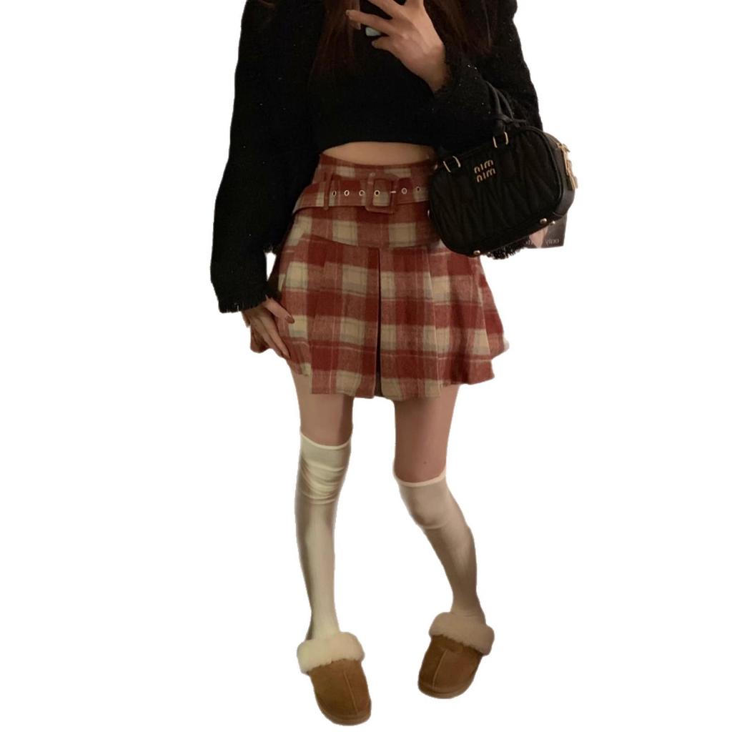 Autumn 2025 Women's High Waist Plaid Wool A-line Skirt with Belt