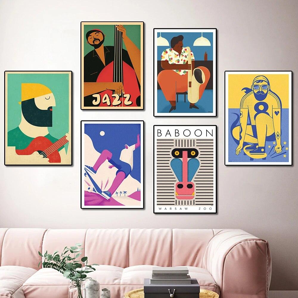 

Abstract Music Player Jazz Illustration Poster Art Vintage Wall Print Skater Musician Painting Bar Club Bed Room