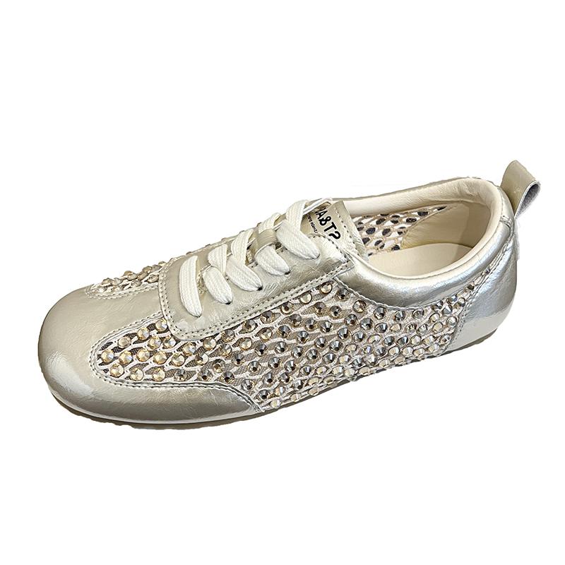 Fashion Breathable Mesh Women's 2025 Summer New Flat German Training Shoes Lace-up Diamond-encrusted Hollow Sandals