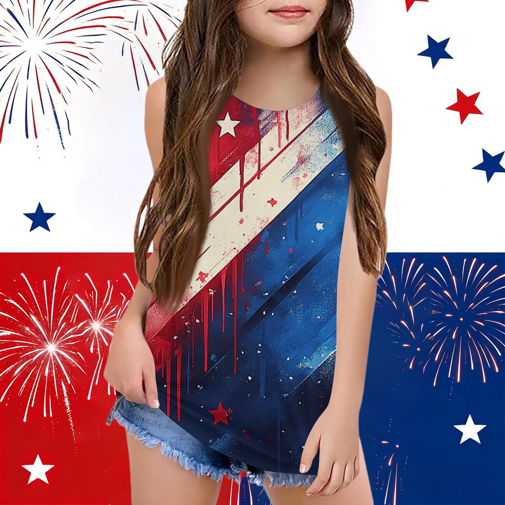 Girls  Kids Summer Crewneck Sleeveless Shirts Tank Tops Independence Day