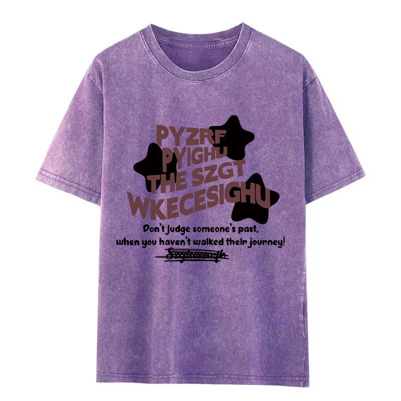 Women's Retro Washed Distressed Cotton Short-Sleeve T-shirt, Summer Style, Loose Fit with Graphic Print