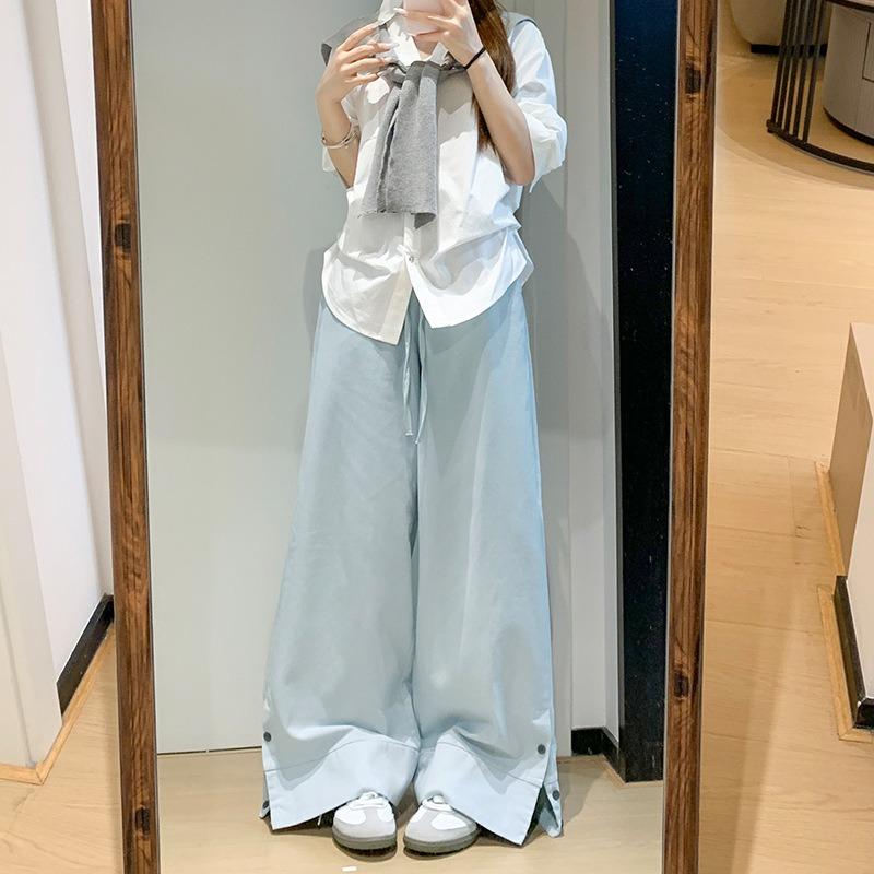 Sky Blue Retro Wide-leg Pants Women's Autumn New High-waisted Loose and Thin Design Casual Straight-leg Pants