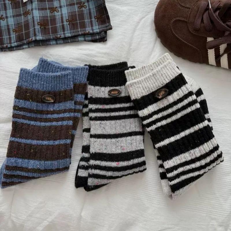 Ladies Autumn Winter Thickened Warm Button Striped Wool Mid Barrel Pile Socks