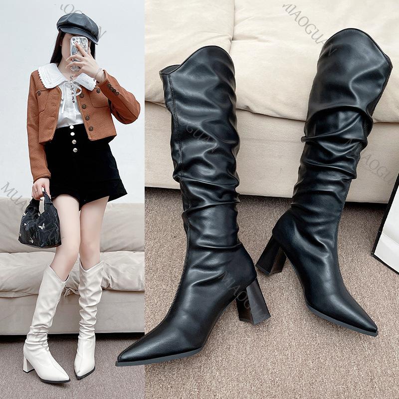 Fashion Boots for Woman Pointed Pleated Thigh High Boots Women Autumn Winter Chunky Heeled Shoes Solid Sexy Stacked Long Knee High Boots