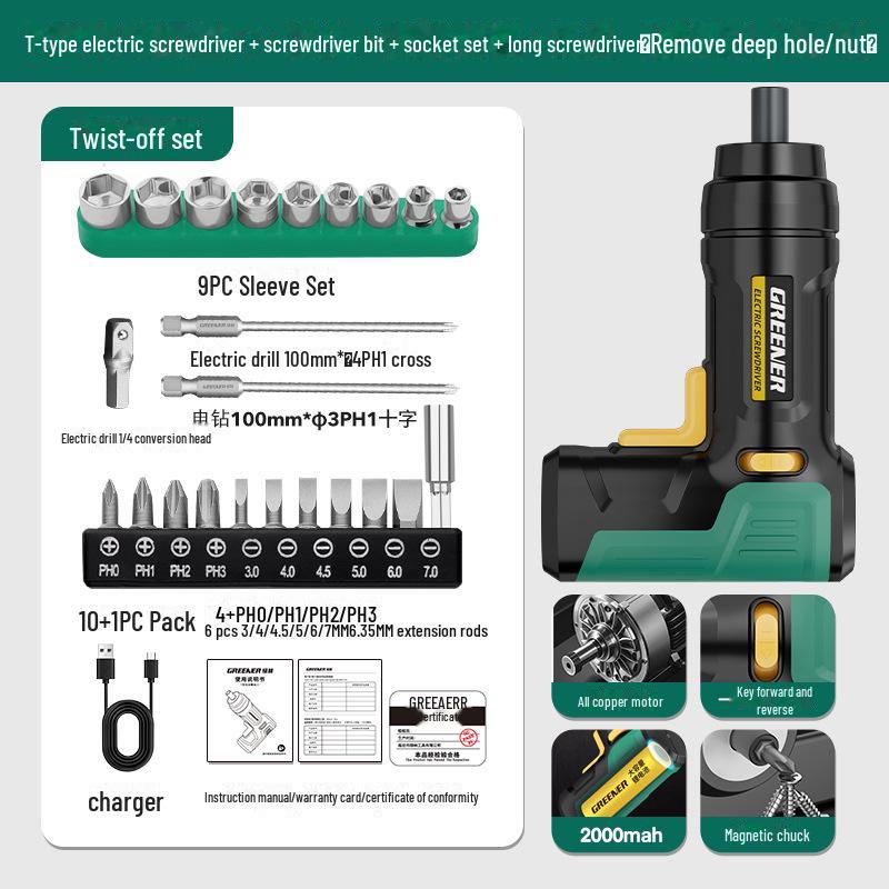 Set șurubelniță electrică reîncărcabilă tip T Green Forest & set de găurit