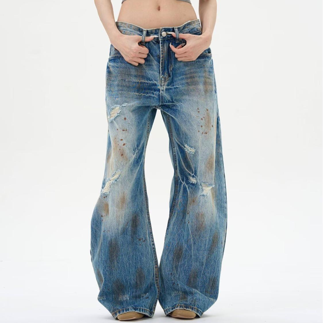 Unisex American Retro Tie-Dye Distressed Jeans, Cat Whiskers Design, Casual Straight/Wide Leg. XL