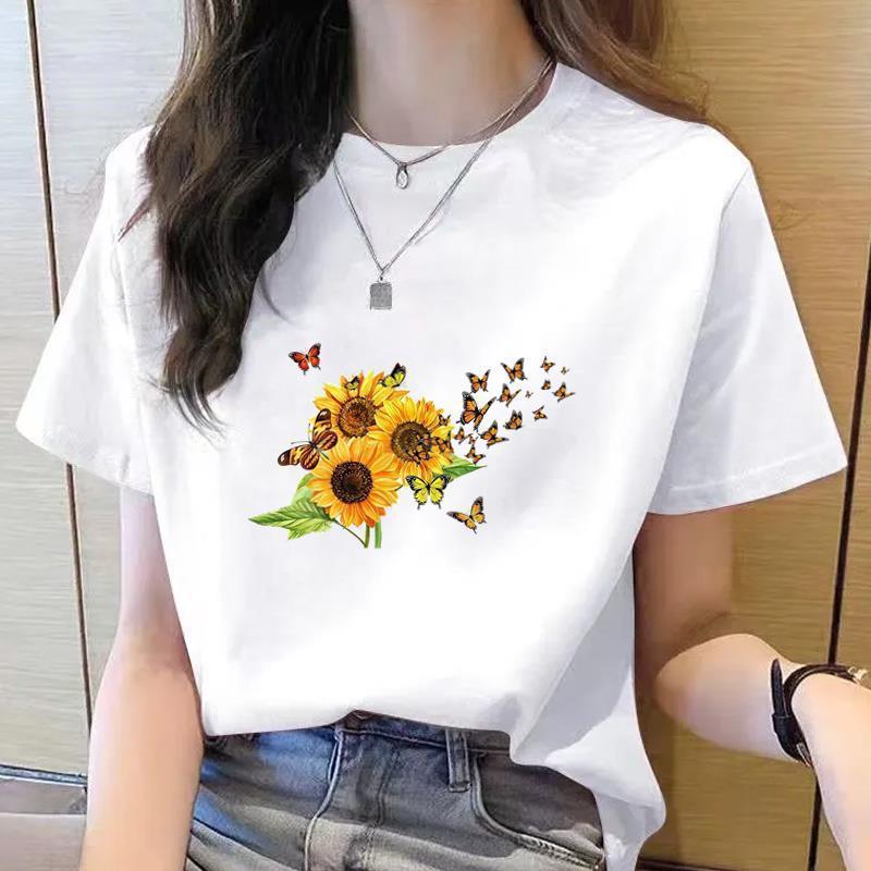 Korean Style Women's Floral Printed Short Sleeve T-Shirt, Round Neck, Casual Fashion for Youth