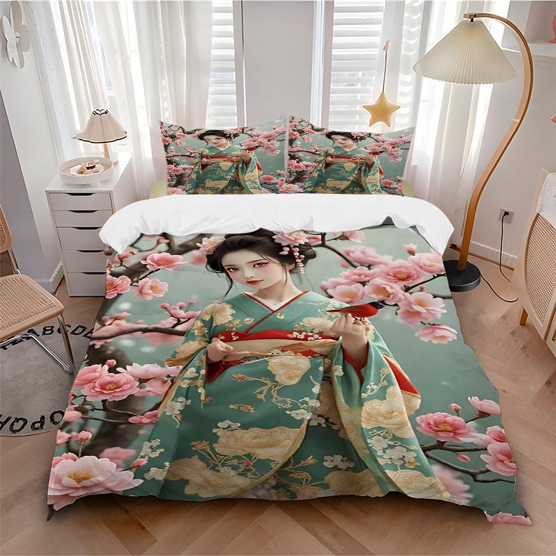 3pcs Anime Kimono Design Comforter Set with One Quilt Cover and Two Pillowcases (No Core) - Festive Gift for Bedroom Decor, Polyester Fabric, Anime Ca