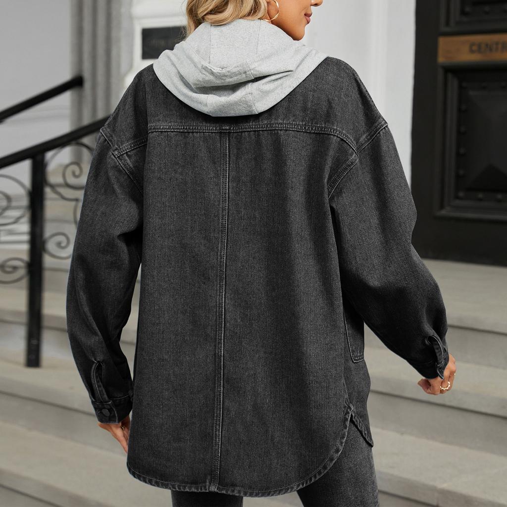 Women's Fashionable Versatile Classic Retro Solid Color Lapel Long Sleeved Pocket Loose Denim Jacket