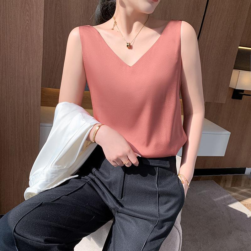 

Женский летний простой атмосферный универсальный жилет с V-образным вырезом спереди и сзади на тонких бретелях, модный топ без рукавов XXXL кирпич красный