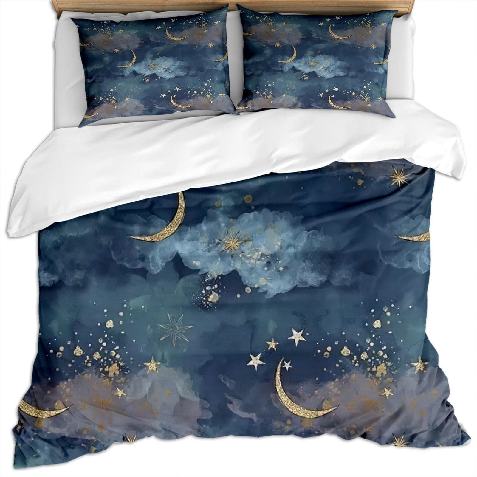 

Cartoon Moon and Star Duvet Cover Set for Kids Boys Girls Lightweight Quilt Cover with 2 Pillowcase Starry Sky Theme Bedding Set (135x200cm)
