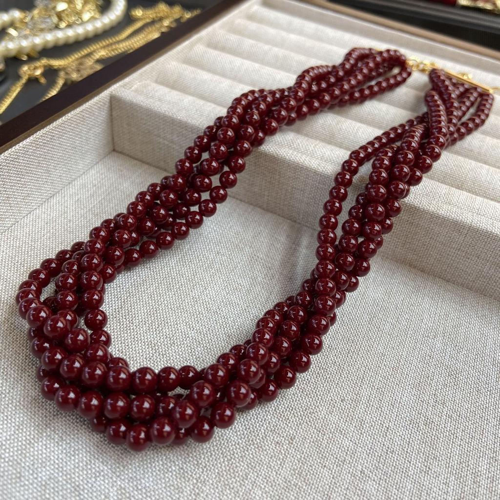 Exploding Fire Ankara Red Multi-Layer Wrap Necklace 5 Strings Side By Side Beaded Necklace Fashion Stack