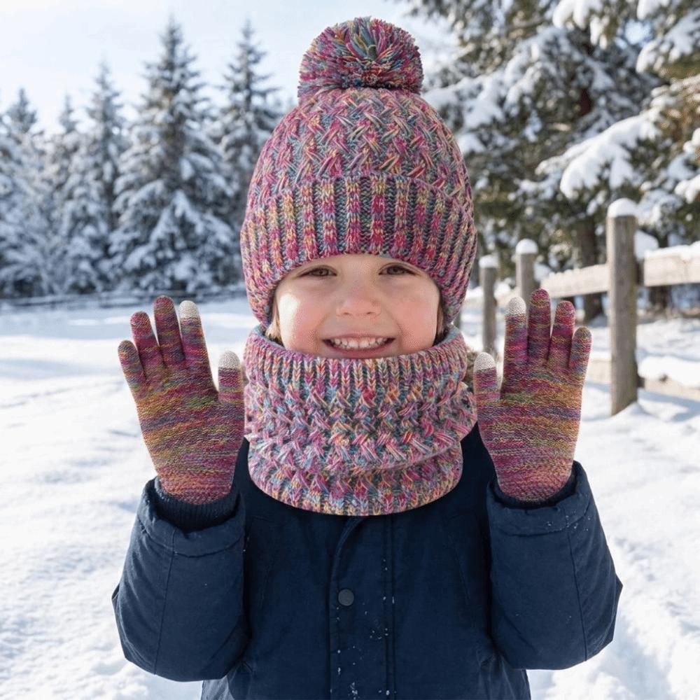 Warm Ears Toddler Knitted Hat Solid Color Kids Hat Set Comfortable Baby Hat Scarf Gloves Set Daily