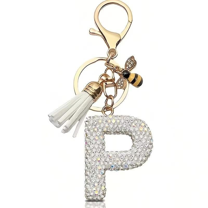 Błyszczący Rhinestone Litera Początkowa A Z Brelok Uroczy Breloczek z Pszczółką Ozdoba z Frędzli Spersonalizowane Prezenty Na Kluczyki Samochodowe Torbę