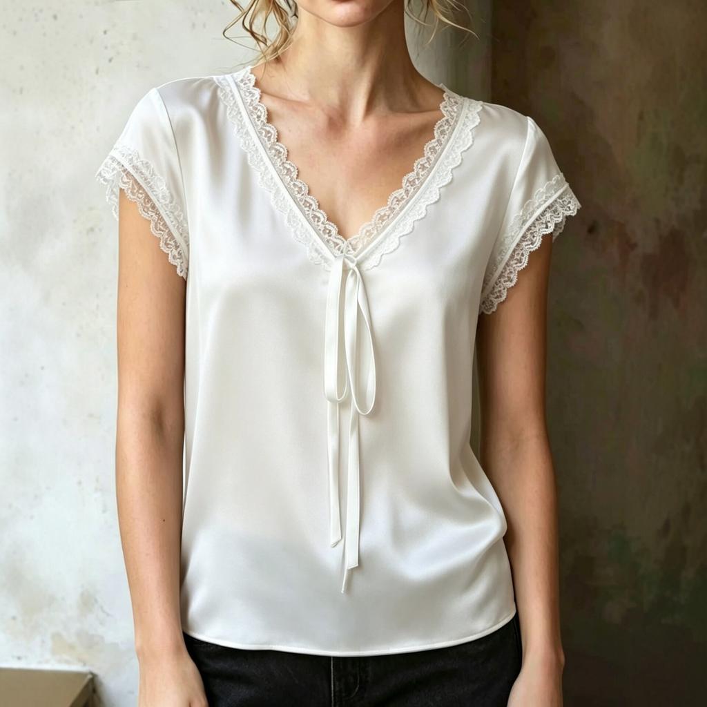 Sommer Damen Satinbluse, V-Ausschnitt Kurzarmhemd mit Spitzenbesatz & Bindeband, Europäische Amerikanische Mode Lässiges Oberteil