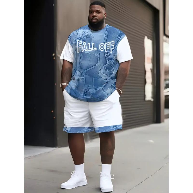 Denim Graphic T-shirt And Shorts 2-piece Set 2025 Plus Size Men's Clothing Casual Loose Drawstring Waist Shorts Short Sleeve Top