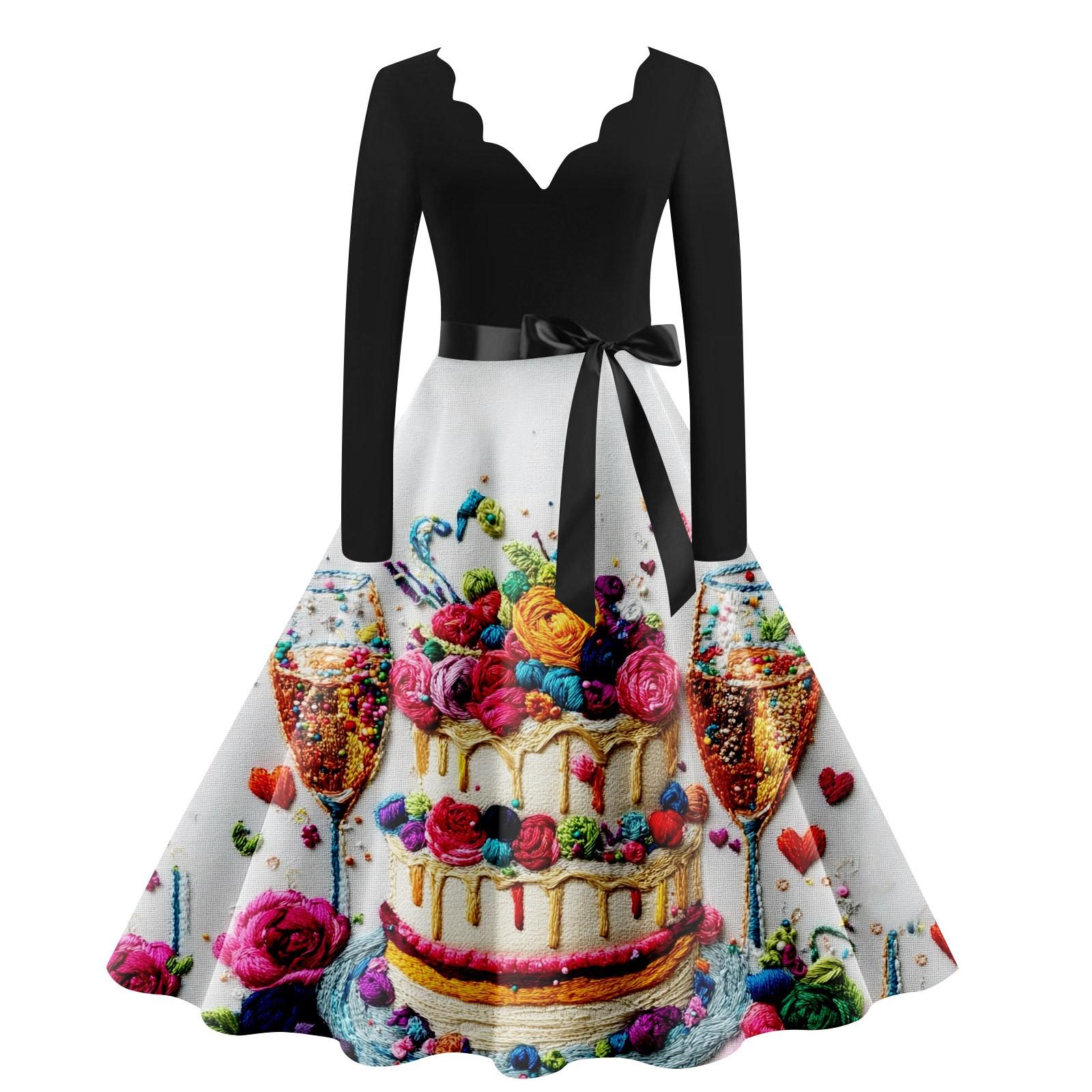 

Женское повседневное модное платье с V-образным вырезом и длинным рукавом с милым принтом в винтажном стиле XL