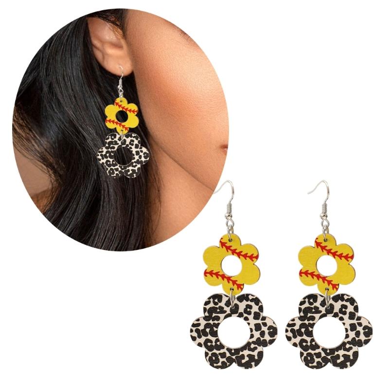 Retro Wood Earrings with Unique Hollow Flower and Cow Pattern Elegant Drop Ear Pendant for Stylish Ladies