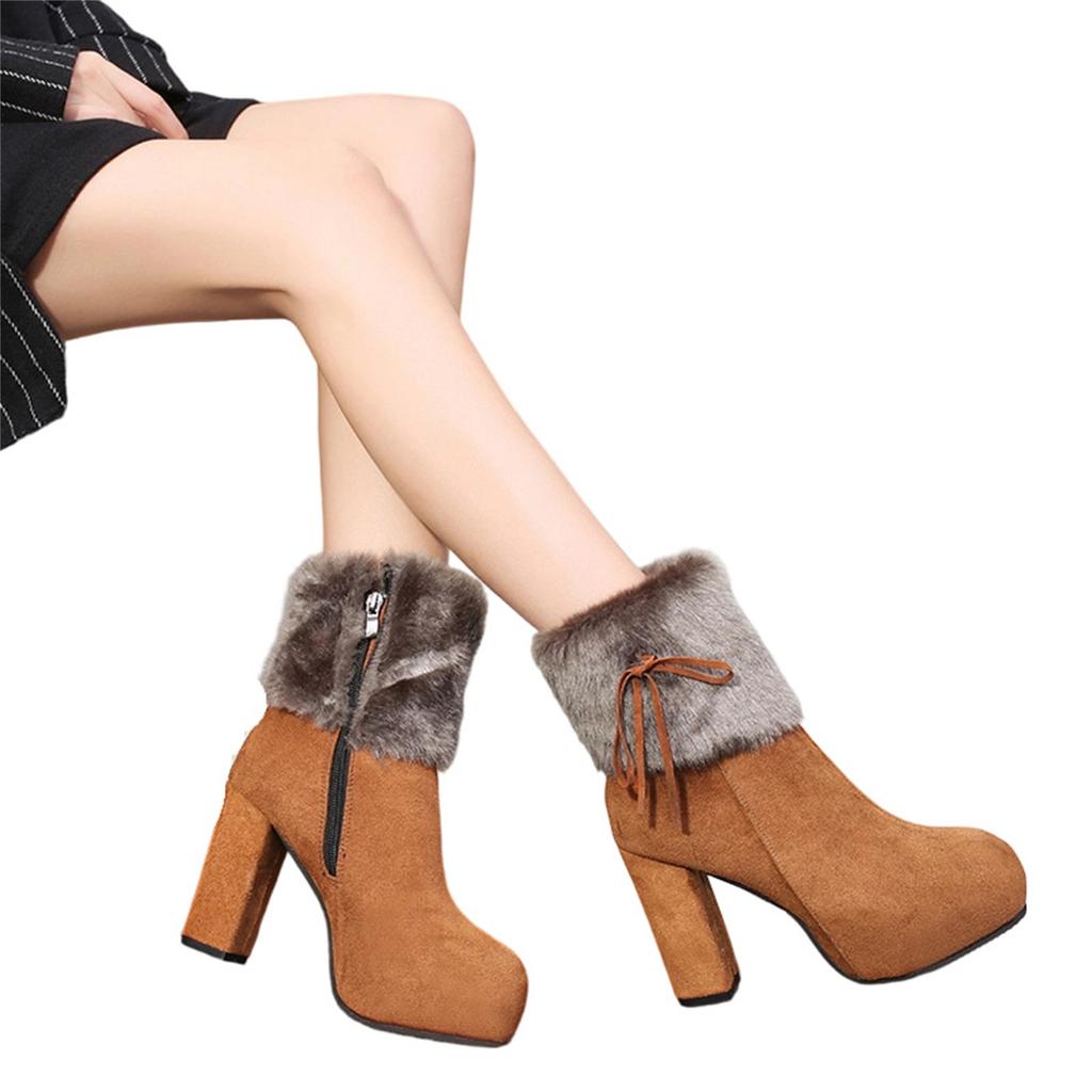 Women's Plus Size Lined Round Toe Boots with Heel and Side Zipper Warm Winter Casual Boots