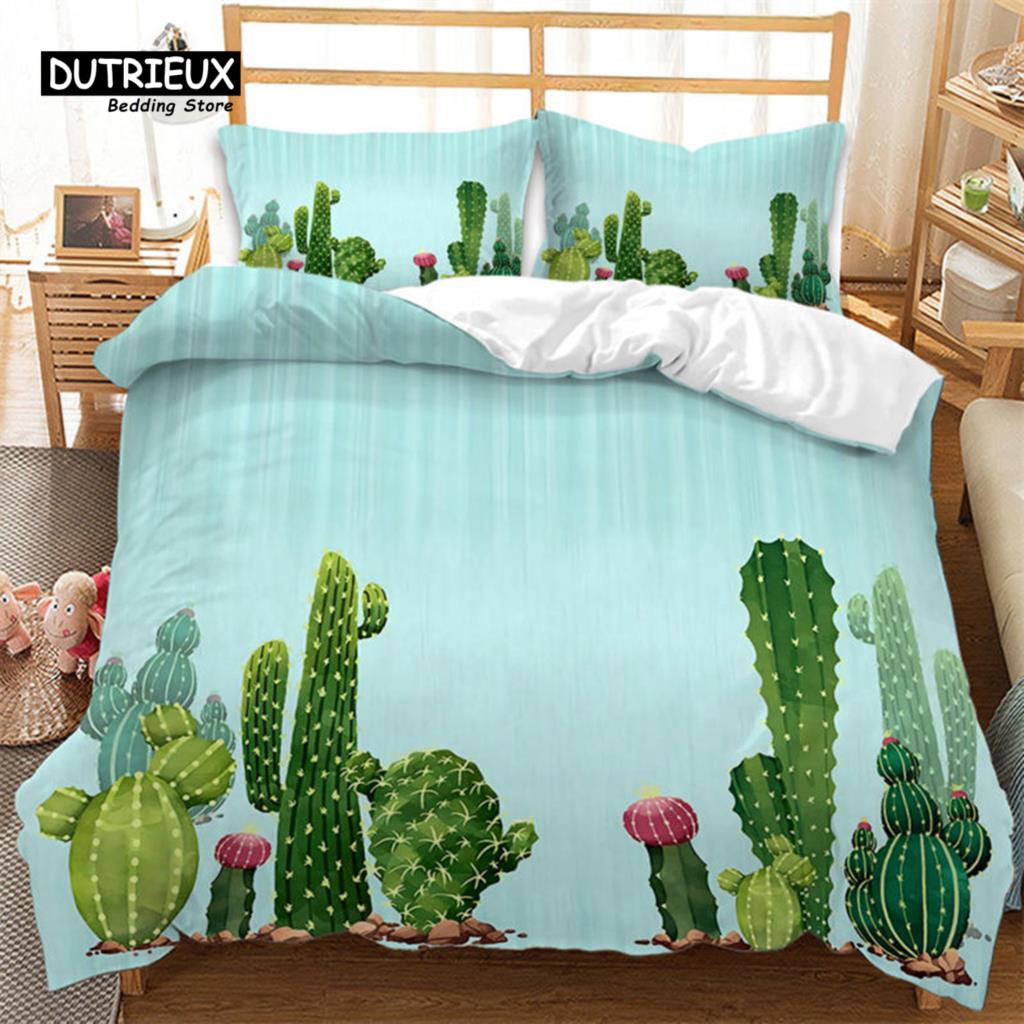 Cartoon Cactus Duvet Cover Spring Garden With Boho Style Bouquet of Thorny Plants Blossoms Decor 3 Piece Bedding Set Pillowcases