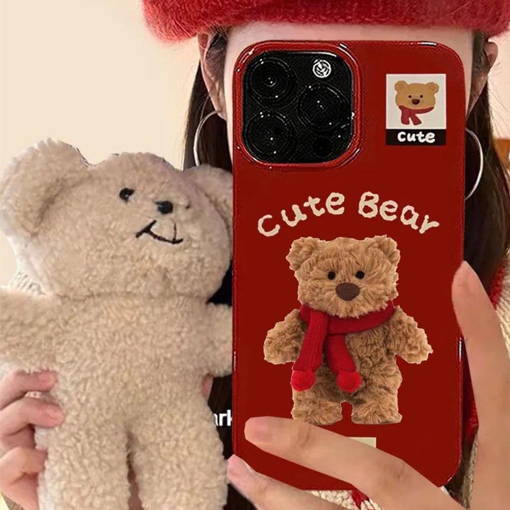 Burgundy Jelly Shell Cute Bear Mobile Phone Case Protective Cover with Lanyard Hole Silicone Solid Color Tpu Protective Cover