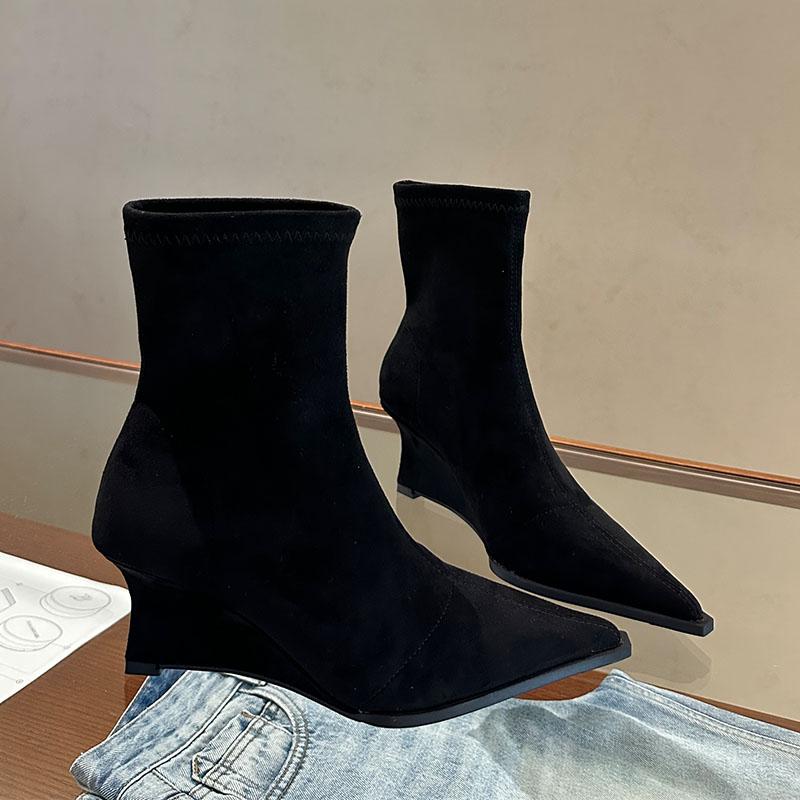 

Fashion Fashion Slip On Footwear Women Ankle Stretch Boots With Wedges Shoes Female Pointed Toe Ladies Short Modern Boots Shoes 35 чёрный