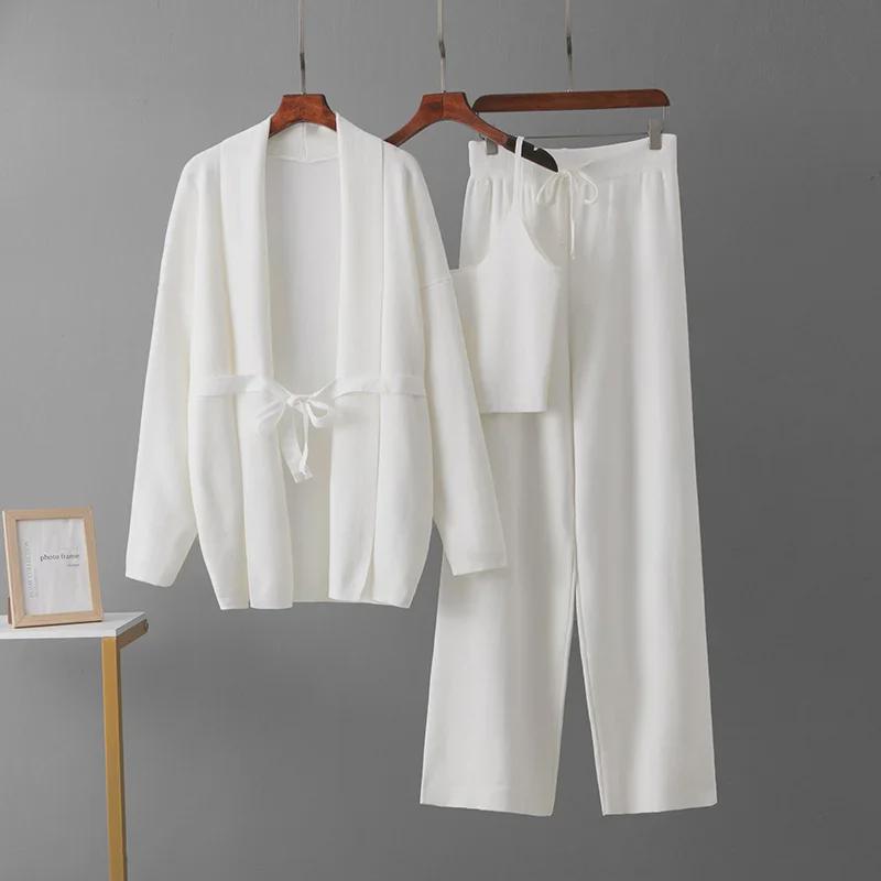 Women's Trendy Casual Wool Three-Piece Suit: Knitted Cardigan, Suspenders, and Wide-Leg Pants.