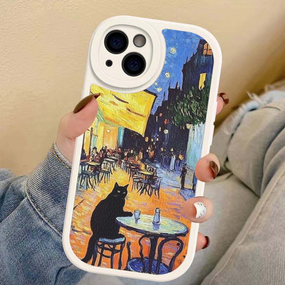 

Black Cat Van Gogh Phone Case For IPhone 16 15 14 11 12 13 Pro Max Plus Back Leather Shell iPhone 16 plus