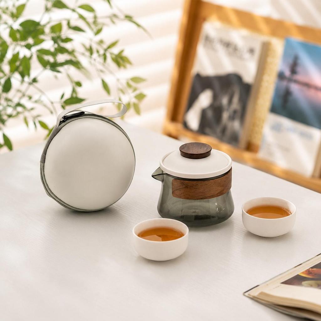 Portable Travel Tea Set for Lovers, Borosilicate Glass Teapot with 2 Cups,