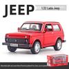 Boxed 1:32 Lada Jeep Alloy Car Model Toy with Pull-Back, Sound, and Light.