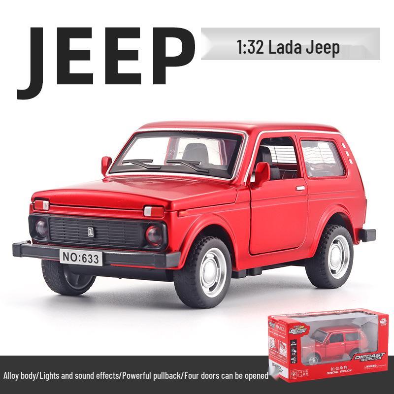 Boxed 1:32 Lada Jeep Alloy Car Model Toy with Pull-Back, Sound, and Light.